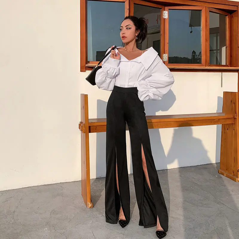 Fashion Solid Women Trousers Front High Waist Split Leg Straight Ladies Office Club Party Streetwear Sexy Bell Bottom Pants 2021