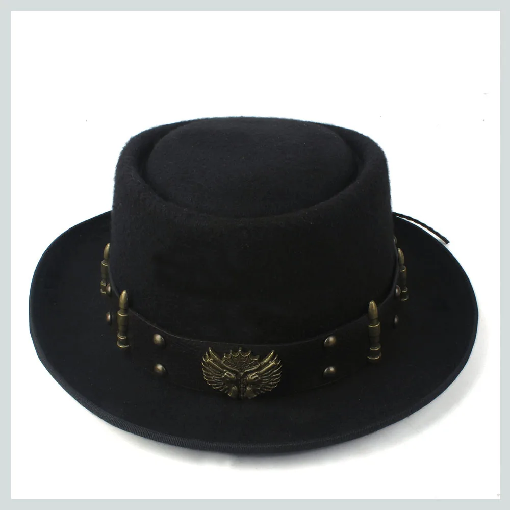 Pork Pie Hat for Men Women with Punk Belt Fashion Wool Fedora Trilby Fascinator Hat Pop Church Hat Size 58CM