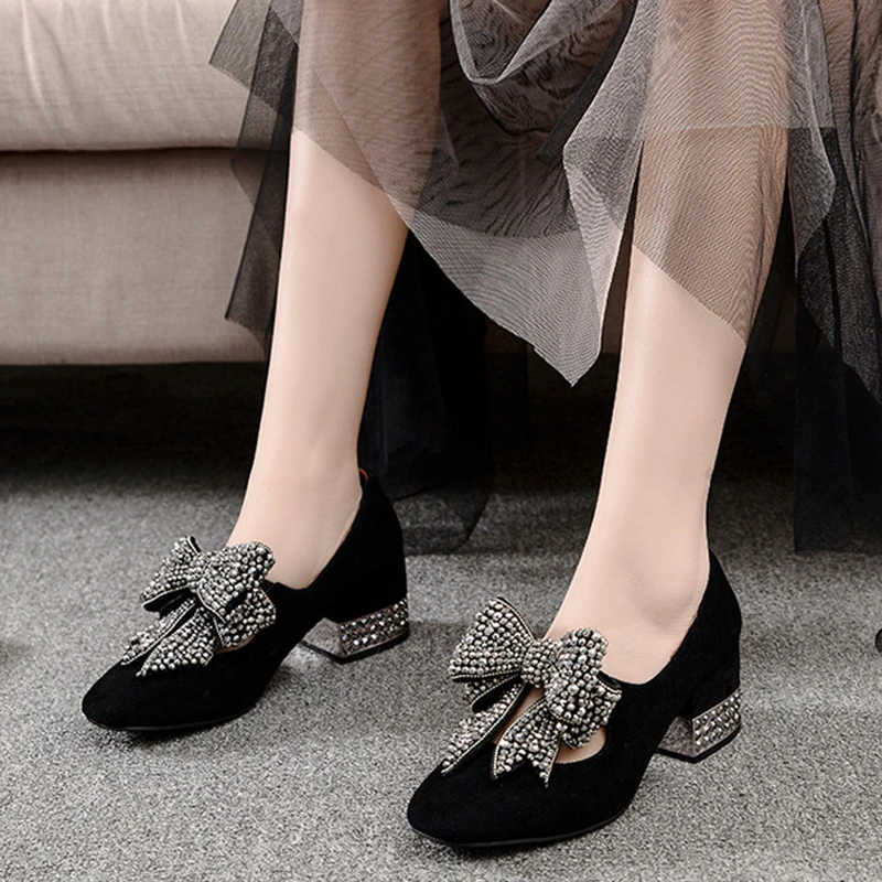 2020 Spring New Women Pumps Shoes Black Suede Rhinestone Bow Ladies Single Shoes Retro Square Head High Heels Runway Shoes Women