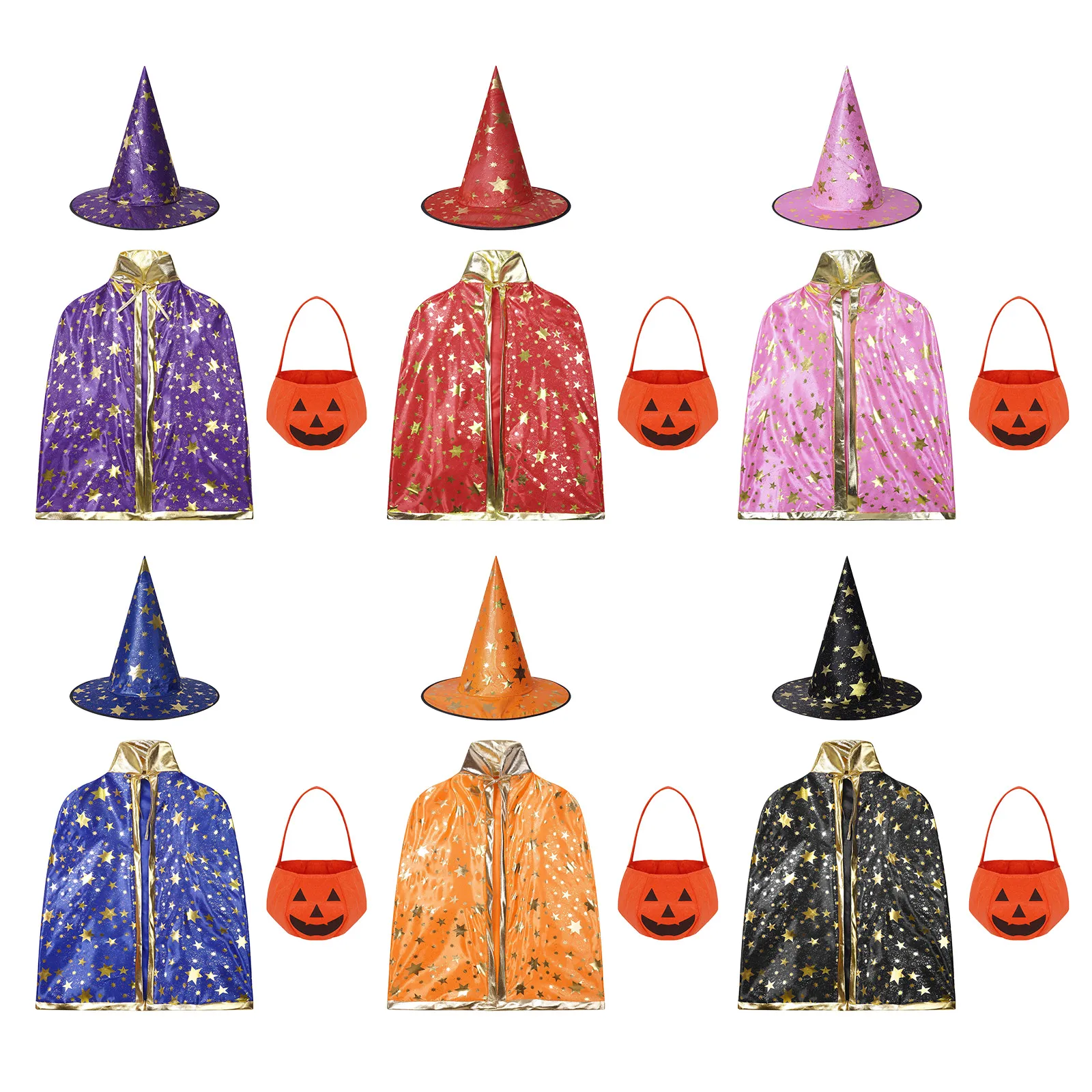 Bambini Halloween Witch Wizard Vampires costumi mantello stampato mantello + cappello a punta + borsa di zucca Outfit Fancy Theme Party puntelli Cosplay