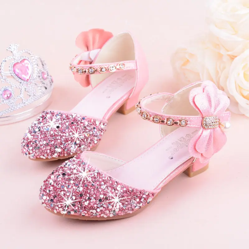 2019 Girls Bow-knot Princess Shoes With High-heeled, Kids Glitter Dance Performance Summer Shoes, Purple , Pink & Silver 26-38