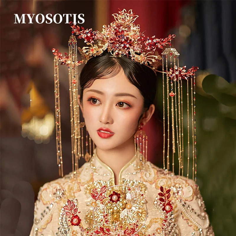 

Luxury Chinese Gold Plated Bridal Hair Crowns Long Tassels 3D Red Flower Headdress Beaded Wedding Costume Jewelry Accessories