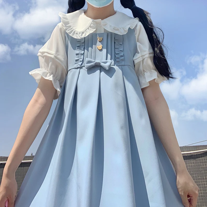 

Sweet Lolita Kawaii Sleeveless Dresses Teen Girls Summer Pleated Party JK Uniform Pink Cute Casual Overalls Black Princess Dress