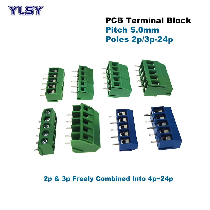 10Pcs Pitch 5.0mm PCB Screw Terminal Block Wire Connector Straight Right Angle Pin 2/3P Morsettiera Cable 1.5/2.5mm2 10-20A