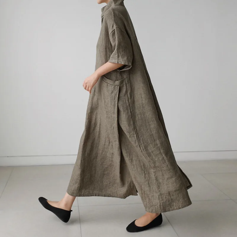 NINI WONDERLAND 2021 Autumn Women V Neck Cotton Linen Big Size Dress  Summer Loose Slit Casual Dress Vintage Robe Korean Style