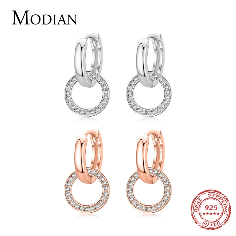 Modian Rose Gold Color Circle Drop Earrings Classic 925 Sterling Silver Round Clear CZ Dangle Earring For Women Wedding Jewelry