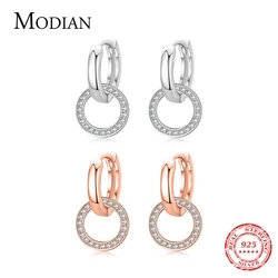 Modian Rose Gold Color Circle Drop Earrings Classic 925 Sterling Silver Round Clear CZ Dangle Earring For Women Wedding Jewelry