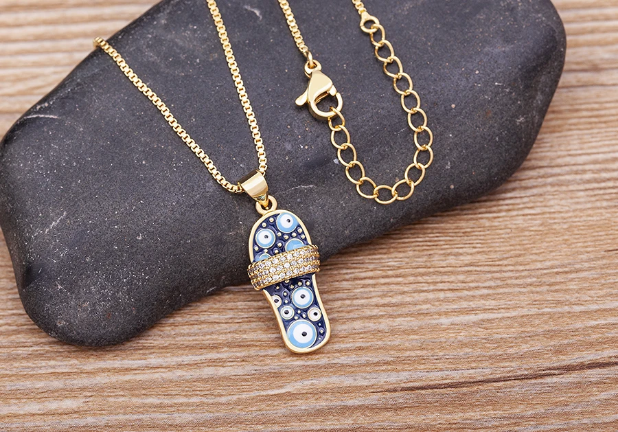 Nidin Mirco Pave CZ Rhinestone Enamel Slipper Pendant For Women Blue Evil Eye Necklace Chain Gold Plated Party Summer Jewelry