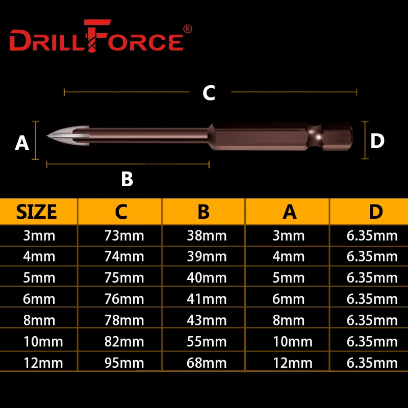 Сверла для плитки Drillforce с шестигранным хвостовиком, инструменты для открывания отверстий в стекле, керамике, бетоне, 4 лезвия, Твердосплавные наконечники, 3/4/5/6/8/10/12 мм