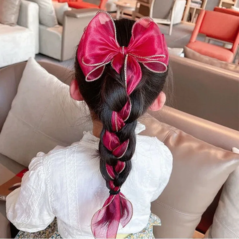 Korea Children Cute Colorful Ribbon Lace Bow Hairclip For Girls Sweet Weave Ponytail Hairpin Kid Barrettes Princess Accessories