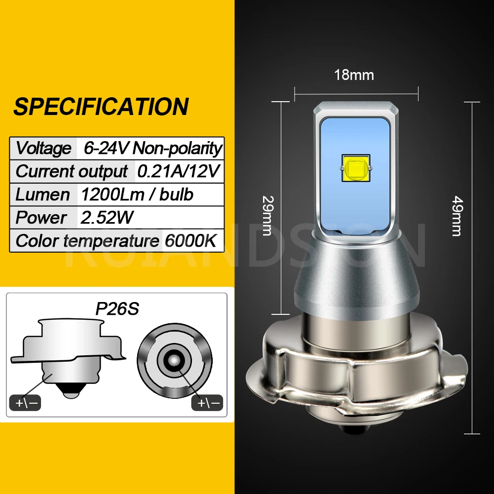 RUIANDSION 1Pcs P26S Motorcycle LED Moped Headlight Scooter Bulb Fog Light Headlamp Harvester XPE DC 6V-24V 12V 6000K 1200Lm