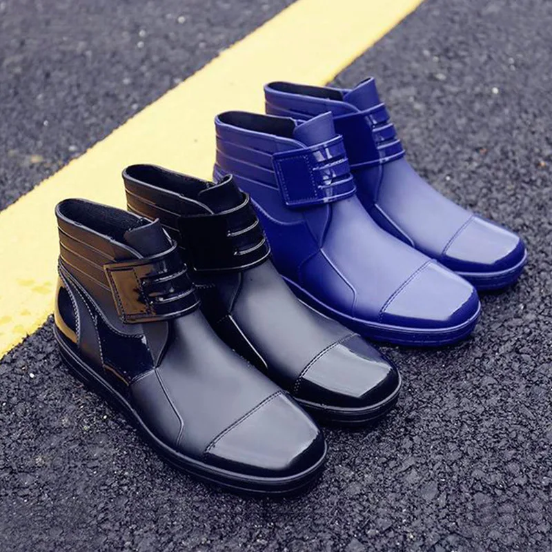 Fashion PVC Waterproof RainBoots Waterproof Flat Shoes Men Black Rainboots Blue Rubber Ankle Boots Buckle Botas 369