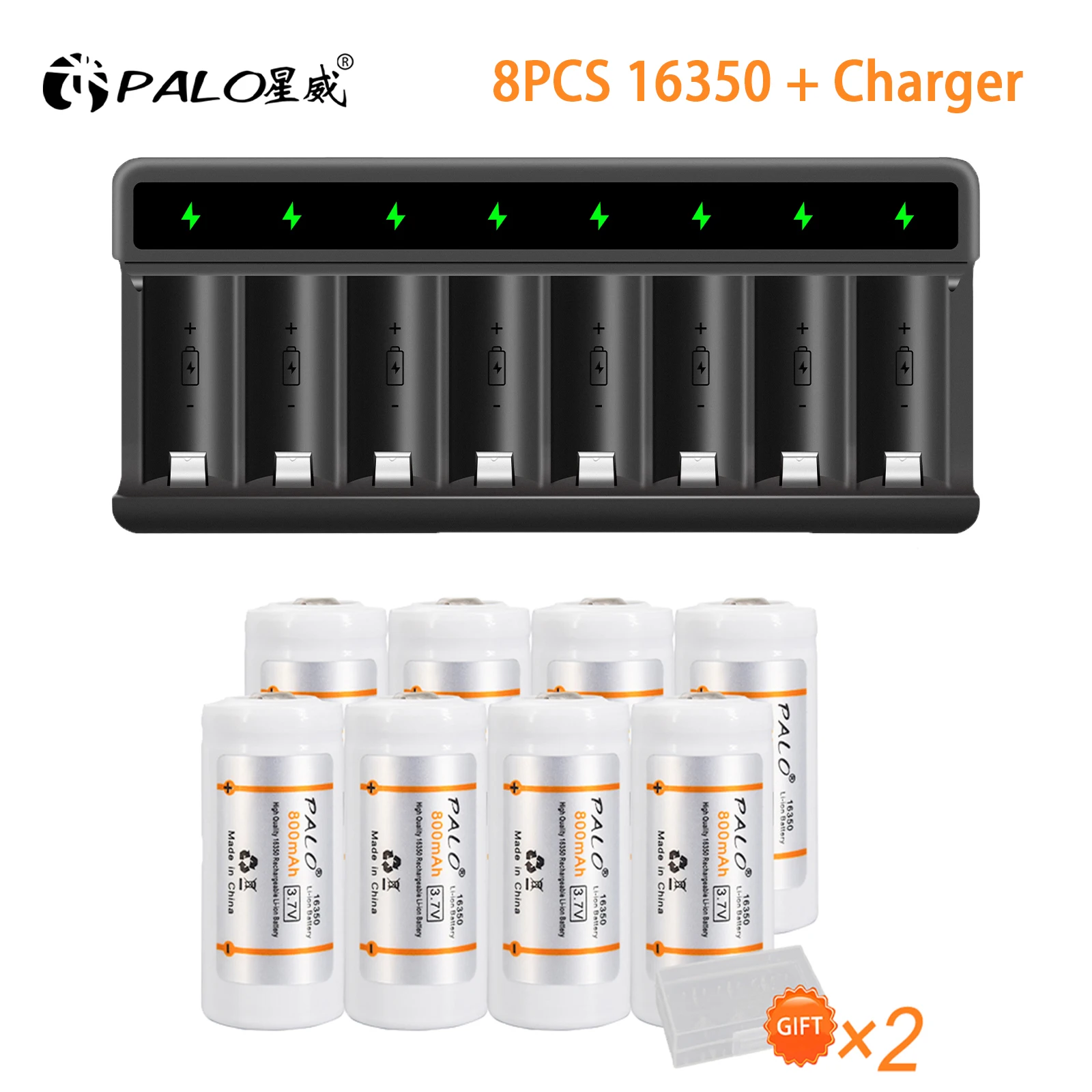 PALO 800mAh 16350/16340 Rechargeable Battery 3.7V 16350 Li-ion Battery with 8 Slots Battery Charger For 16340 16350 CR123 CR123A