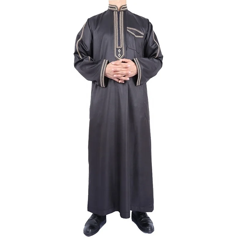 

Men Zipper Qatar Muslim Moroccan Nigerian Style Black Long-Sleeved Stand-Up Collar Sexy Islamic Arabian Robe Worship Robe