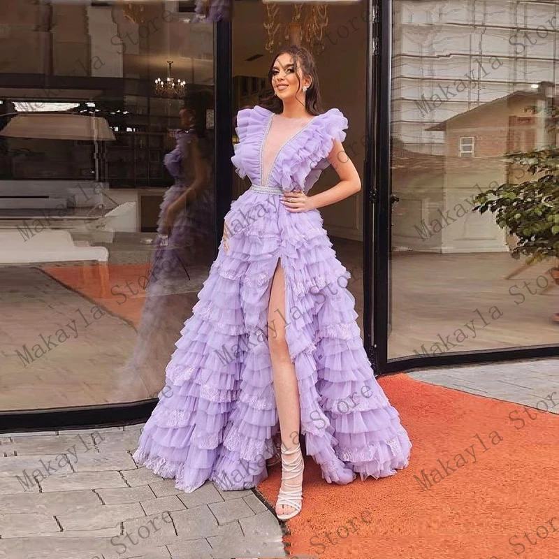 สีม่วงสวย Elegant พรหมชุดสูงแยก Ruffles แขนลูกไม้ Tulle ชั้น A-Line แยกผู้หญิงยาวเซ็กซี่ชุดราตรี