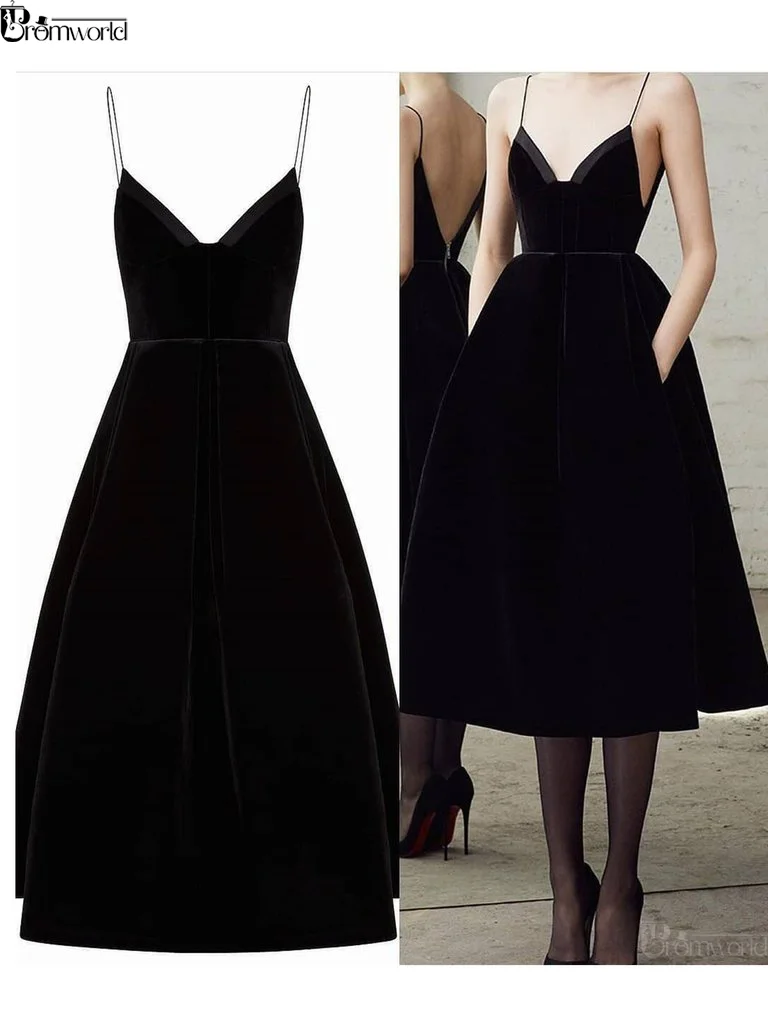 Simple Black Short Homecoming Dresses 2020 V Neck Spaghetti Straps Tea Length Sexy Prom Dress with Pockets Party Cocktail Gowns