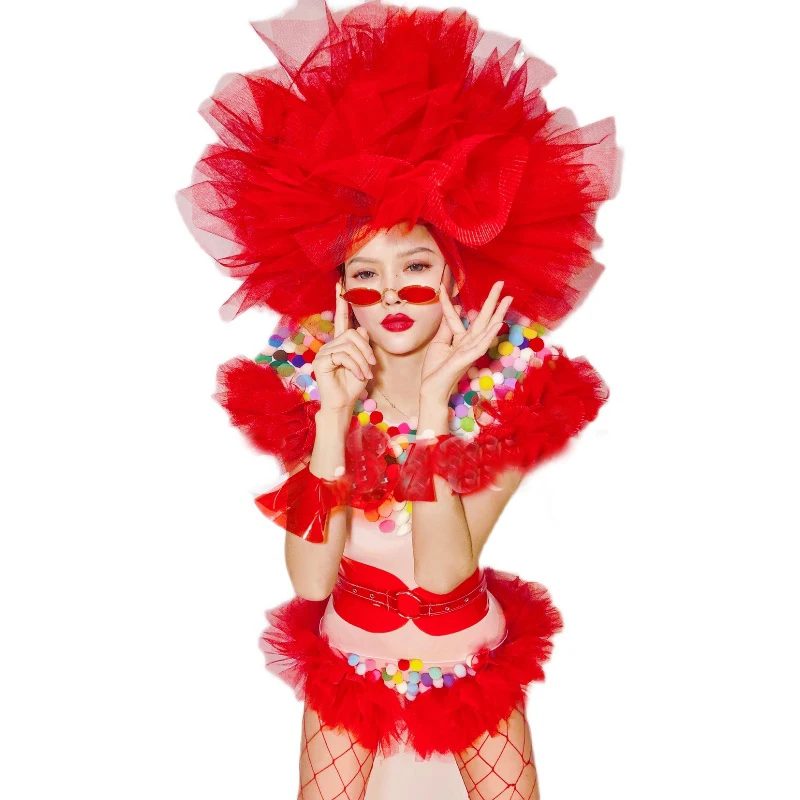 Sexy Gogo Dancer Costumes Red Fur Bodysuit Big Lace Headdress Women Christmas Ds Dj Set Pole Dance Outfit Clubwear XS3243