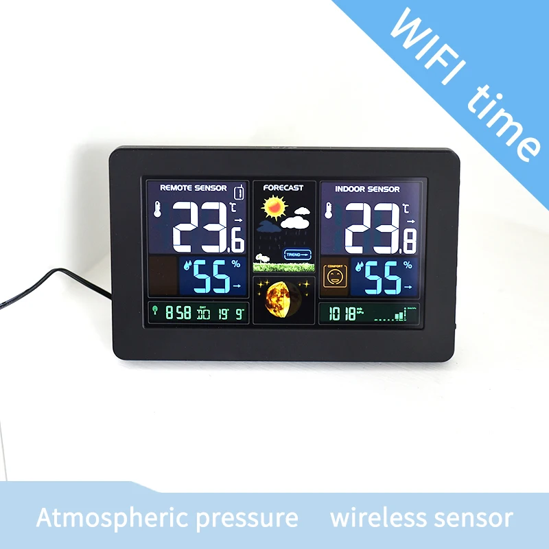 

Alarm Wall Clock Weather Station wifi time Indoor Outdoor Temperature Humidity Pressure Barometer pressure Weather Forecast LCD