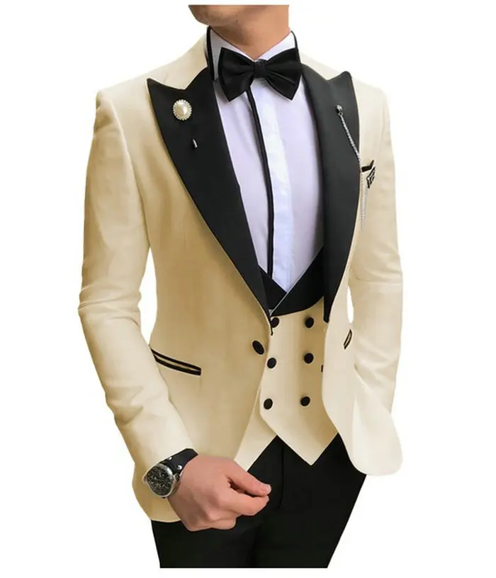 

JELTONEWIN Custom Made Ivory Groomsmen Male Groom Tuxedos Peaked Lapel Men Suits For Wedding Prom Best Man Blazer Pants Vest