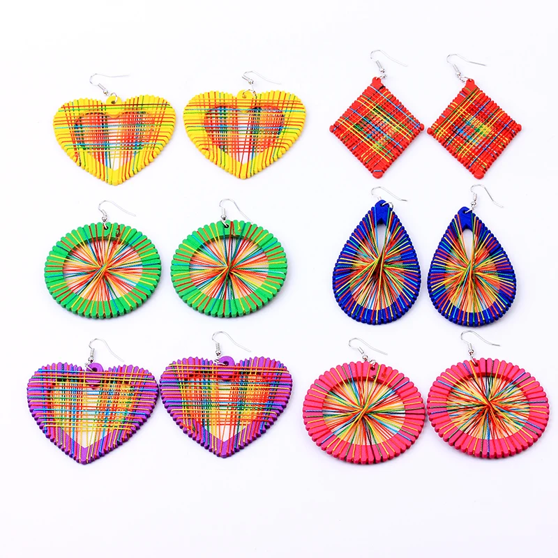 Handmade Winding Thread Wooden Earrings Unique Bohemian Statement BLue Green Red Heart Earrings For Women 2020 New Jewelry Gifts