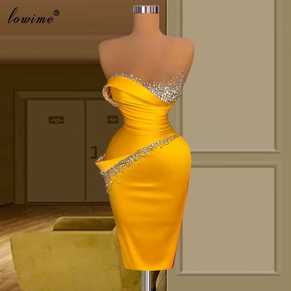 Yellow Mermaid Beads Prom Dresses 2021 Middle East Simple Cocktail Dresses For Women Wedding Party Vestido De Fiesta De Boda