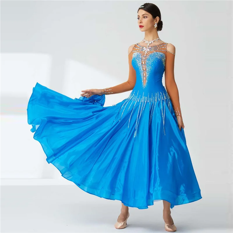 B-20114 Custom standard modern dance performance dress competition waltz ballroom dance custom pearl silk dress for sale