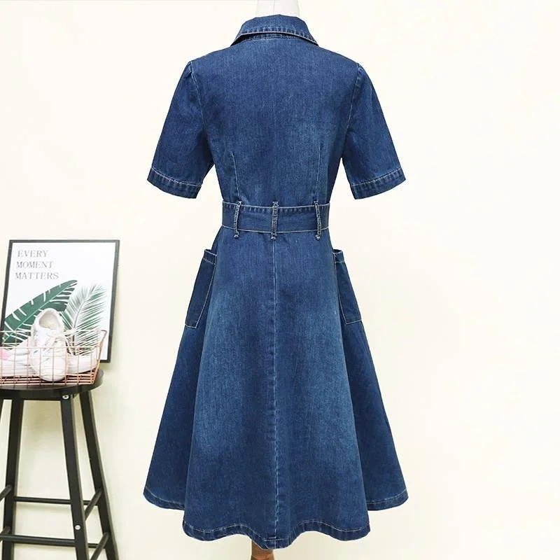 New Vintage Brand Slim Fit Big Hem Womens Medium Length Denim Dress Fashion Short Sleeve Lapel Sashes Office Ladies A-Line Dress