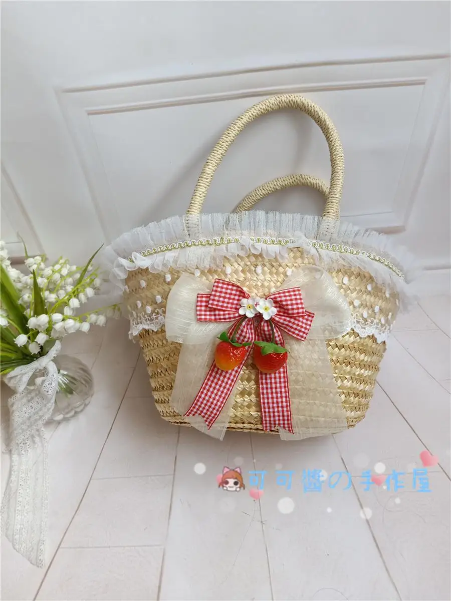 

Lolita Strawberry Cabas Woven Rattan Bag Straw Hat Wheat Straw Handbag Lolita Picnic Photo Outdoor Bag