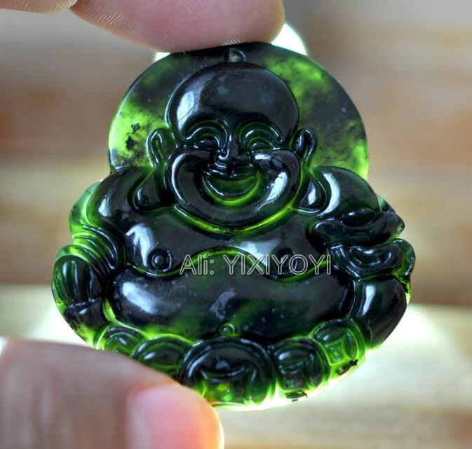 2pcs Wholesales Natural Black Green Stone Yu Carved Chinese Handmade Coin Buddha Lucky Amulet Pendant + Rope Necklace Jewelry