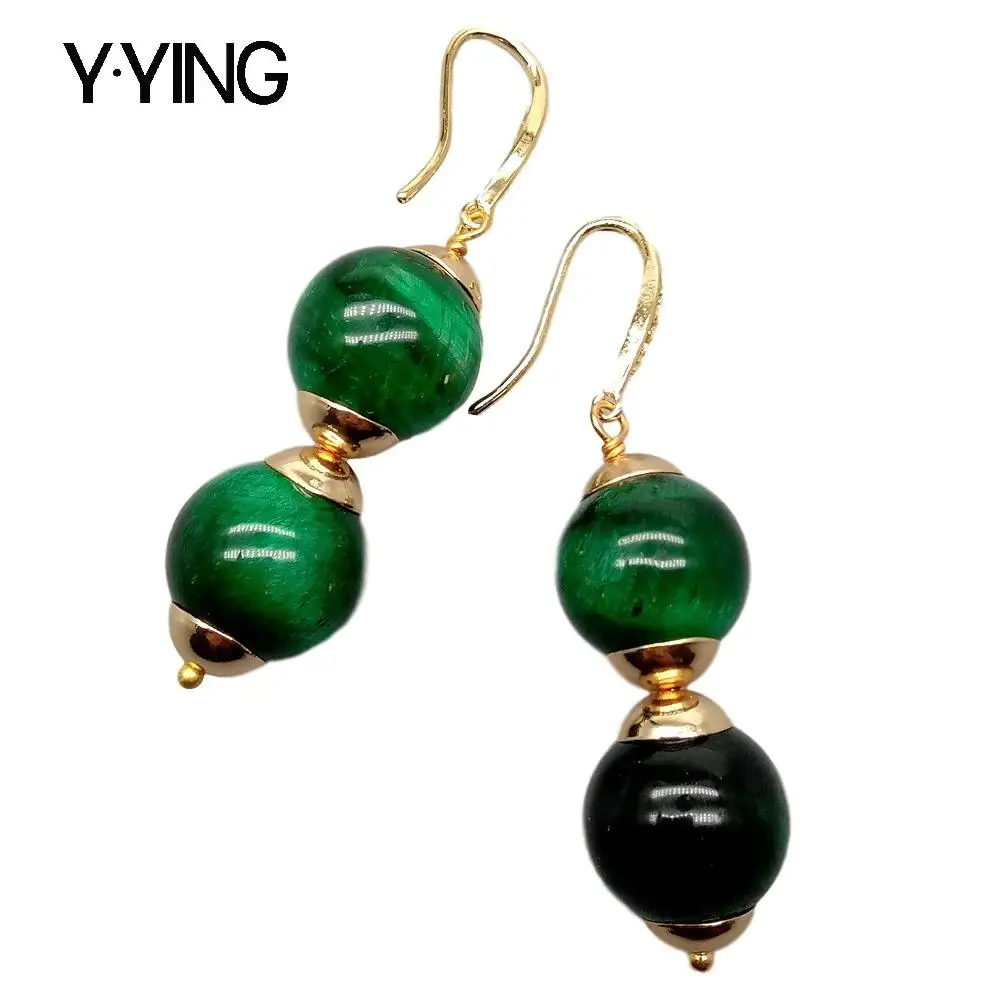 

Y·YING 14mm Green Tigers Eye Smooth Round Dangle Hook Earrings
