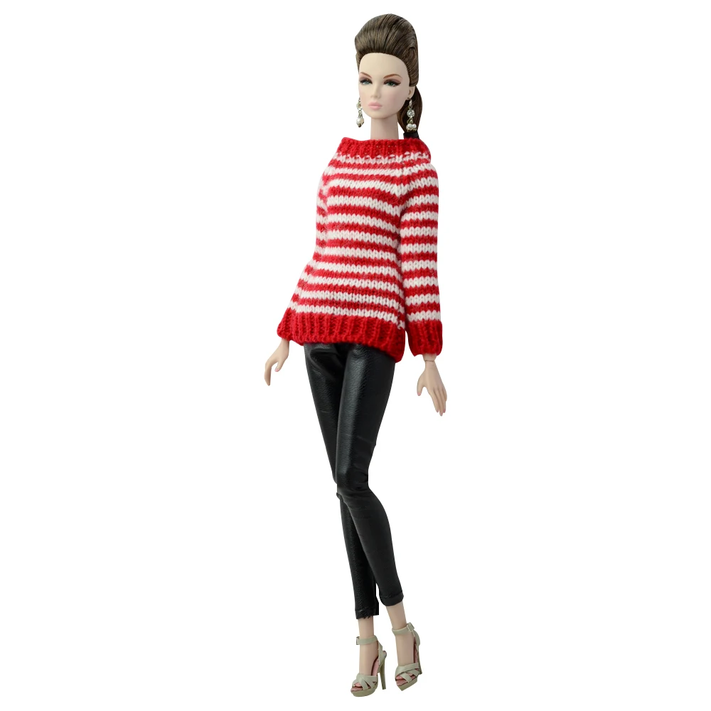 1 Pcs High Quality Red Stripe Dress For Barbie Clothes Dolls Accessories Toys 1/6 Doll Knitted Sweater Long Sleeve Coat