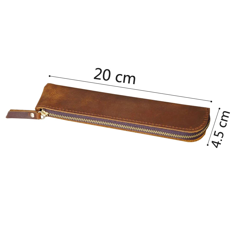 Genuine Cowhide Zipper Pencil Case Retro Leather Pen Bag Storage Pouch for Pens Stationery School Office Supplies 20*4.5cm