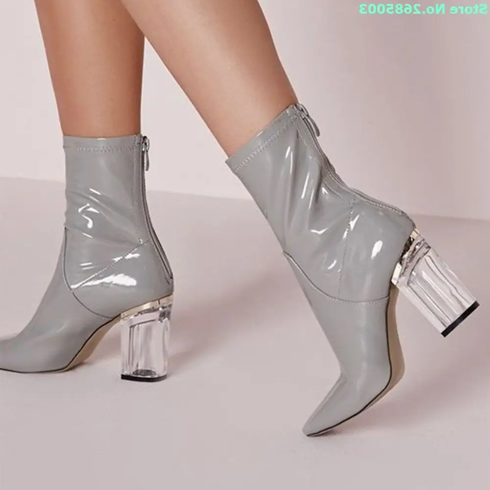 

Transparent Heel Ankle Boots Pointed Toe Patent Leather Back Zipper Solid Women Sexy Daily Spring Autume Party Dress Boots Shoes