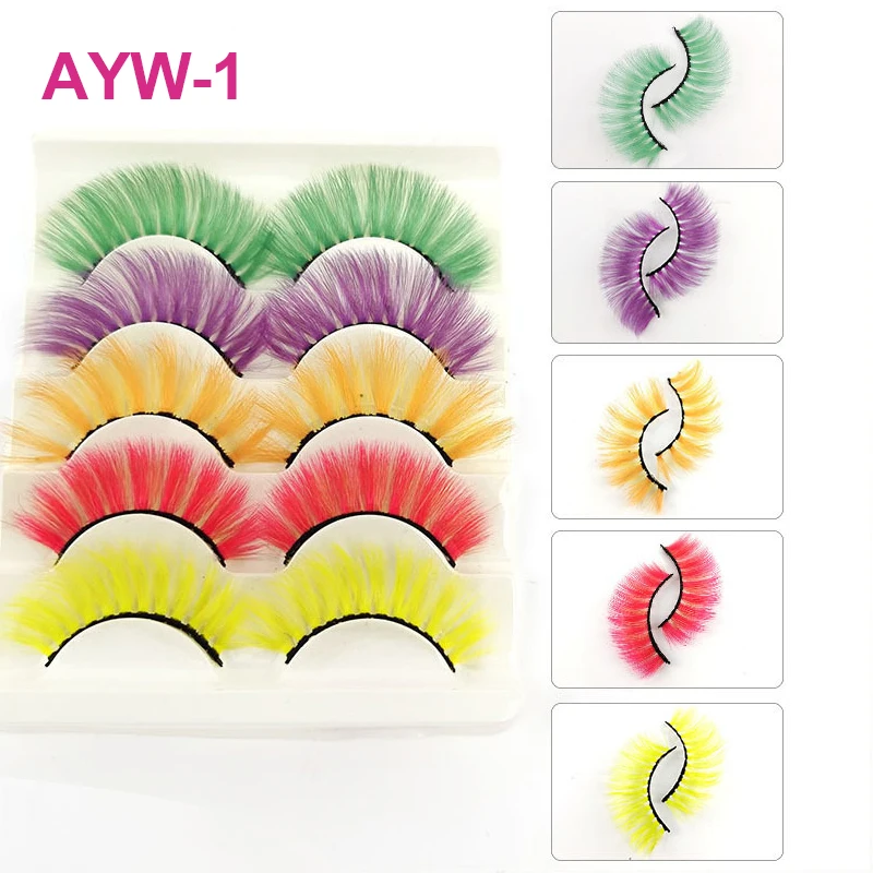 5 Pairs Mix Colorful Eyelashes Set Pink Purple Red Yellow Blue Green 3D Mixed Colored Faux Mink Lashes Rainbow Cilias Wholesale