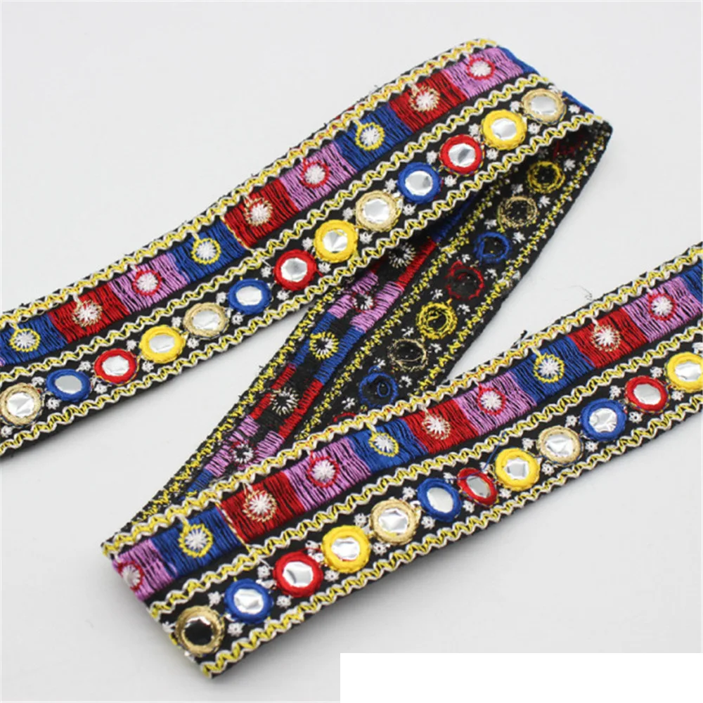 1yard Ethnic Mirror Embroidered Webbing 4cm Indian Trim DIY Handmade Sewing Net Yarn Ribbons Clothing Decorative Lace Trim