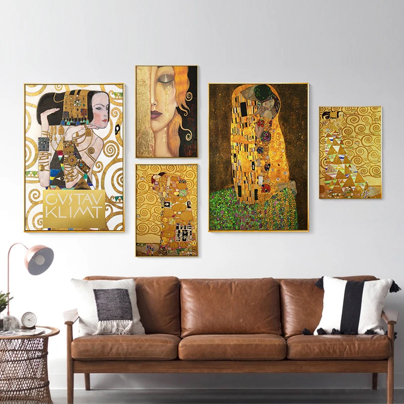 Classic Gustav Klimt Poster Kiss Fulfillment Abstract Oil Painting Canvas Print Vintage Wall Art Pictures for Living Room Decor