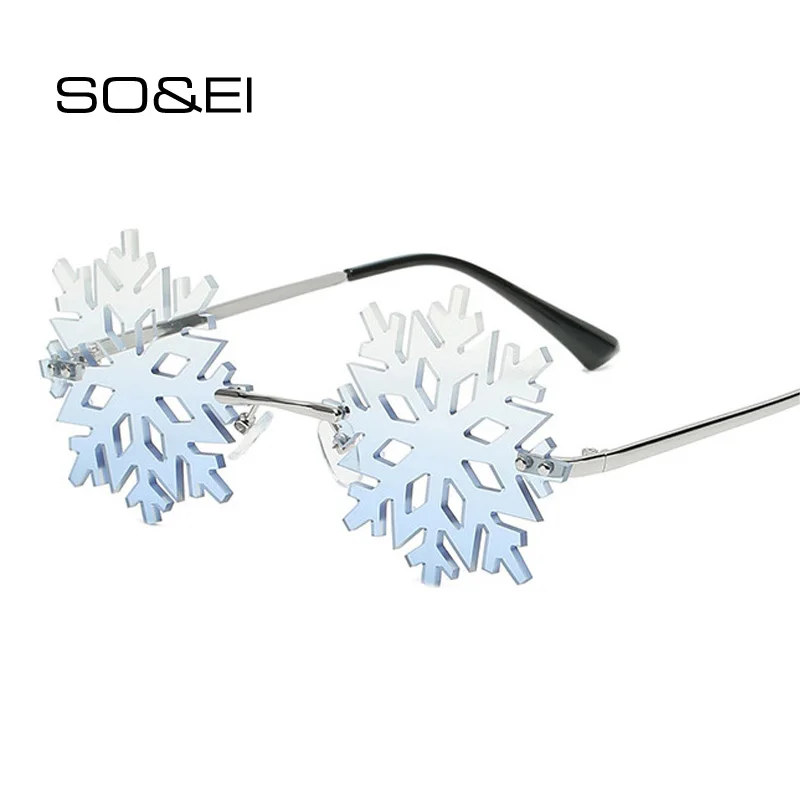 SO&EI Fashion Snowflake Shape Sunglasses Women Vintage Unique Rimless Clear Blue Eyewear Men Hollow Sun Glasses Shades UV400