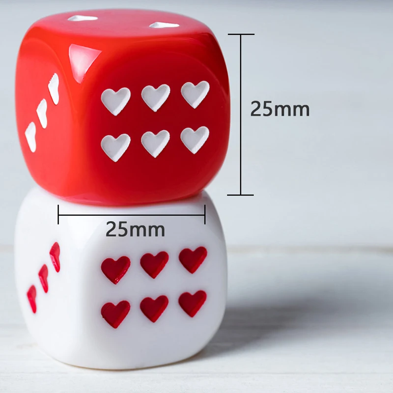 2 pçs vermelho branco em forma de coração adereços de jogo de dados cubos de canto redondos dados acrílicos tamanho grande para jogos da família da festa da barra