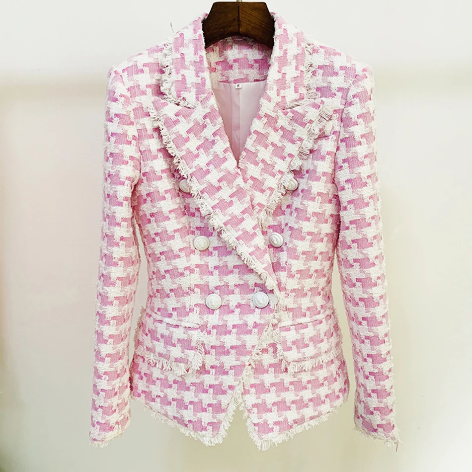 Pink Houndstooth Blazer Women 2024 Autumn Slim Blazer Jacket Female Double Breasted Buttons Ladies Blazers and Jackets