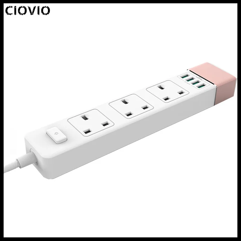 CIOVIO Universal Multi Plug with 3 AC Outlets & 4 USB Charging Ports British Standard Socket HongKong Macau Singapore Converter