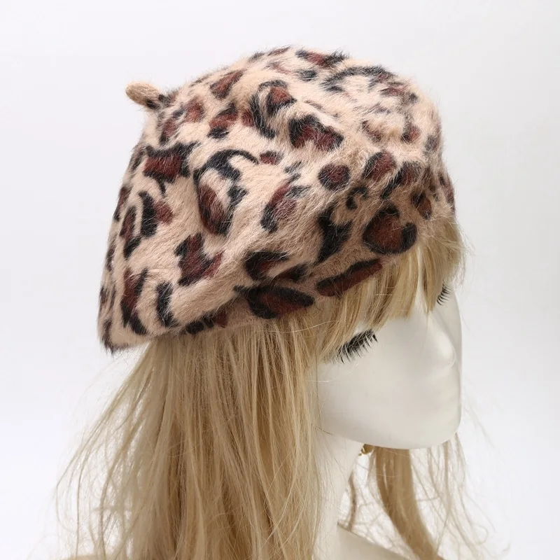 2024 Autumn and Winter Leopard Print Rabbit Fur Buckle Beret Painter Hat Octagonal Hat Women and Girl