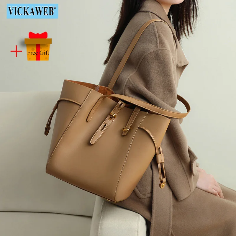 Free Gift Women's Totes Shoulder Bag Fashion Shopping Bags Solid Soft Genuine Leather Handbags for Female Hasp Top-Handle Bags