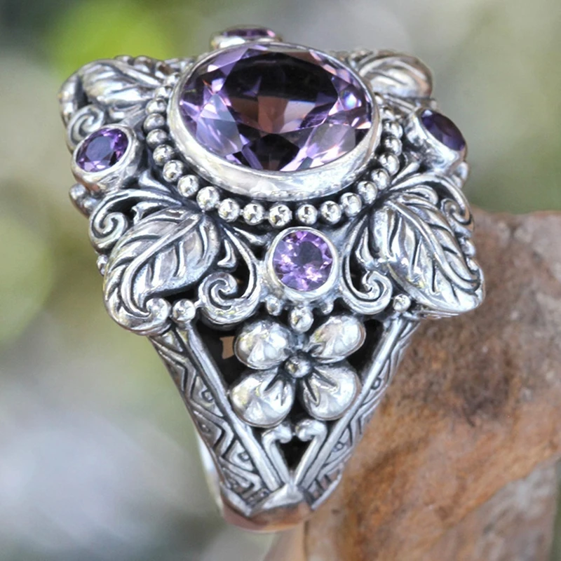 925 sterling silver Vintage Thai Silver Color Flower Leaf Shaped Big Crystal Ring for Woman with Purple CZ Stone amethyst ring