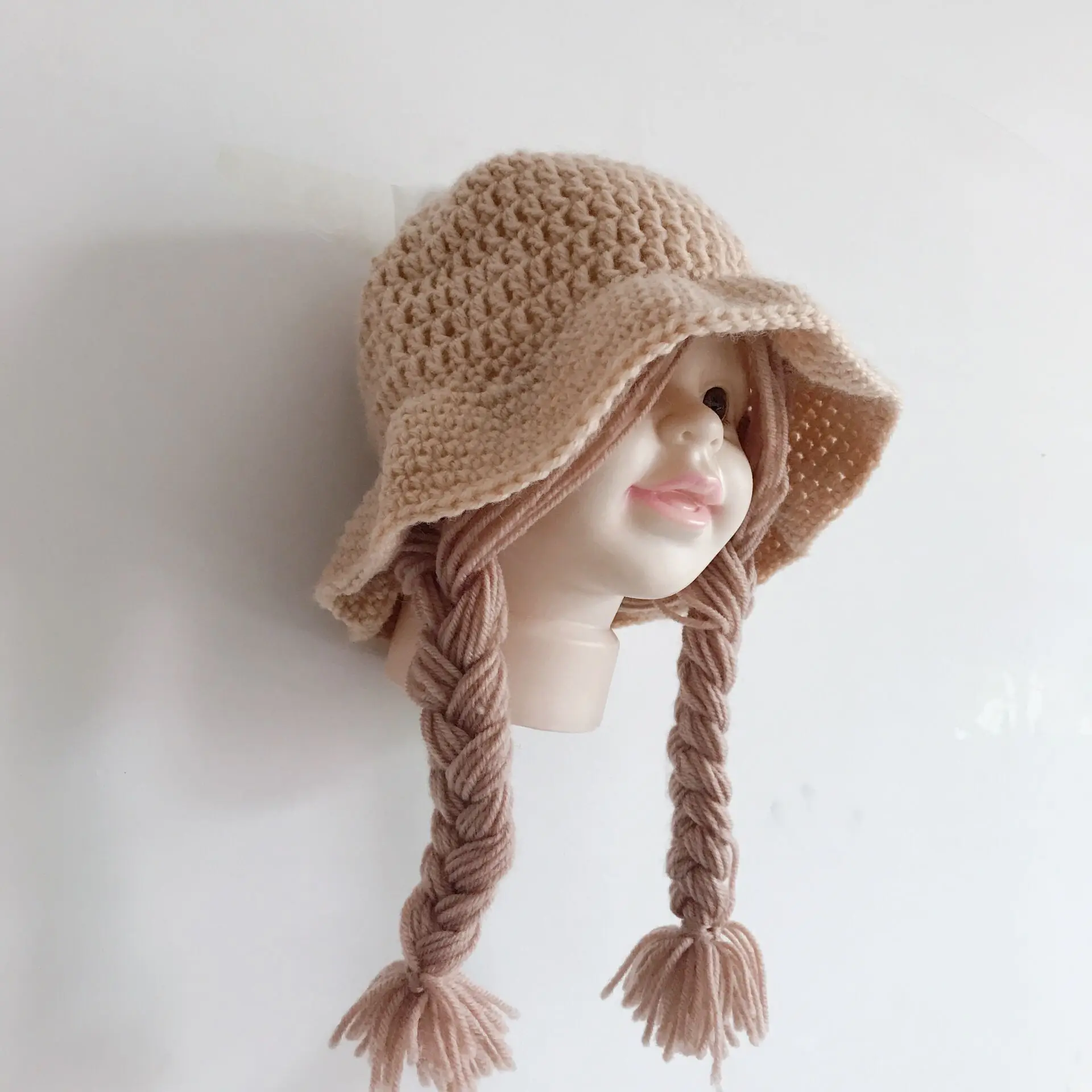 1-5 Yrs Girls Hat Kids Hand Knitted Caps With Braids Children Autumn Winter Fashion Wigs Hat Plaits Wig Bonnet Photo Accessories