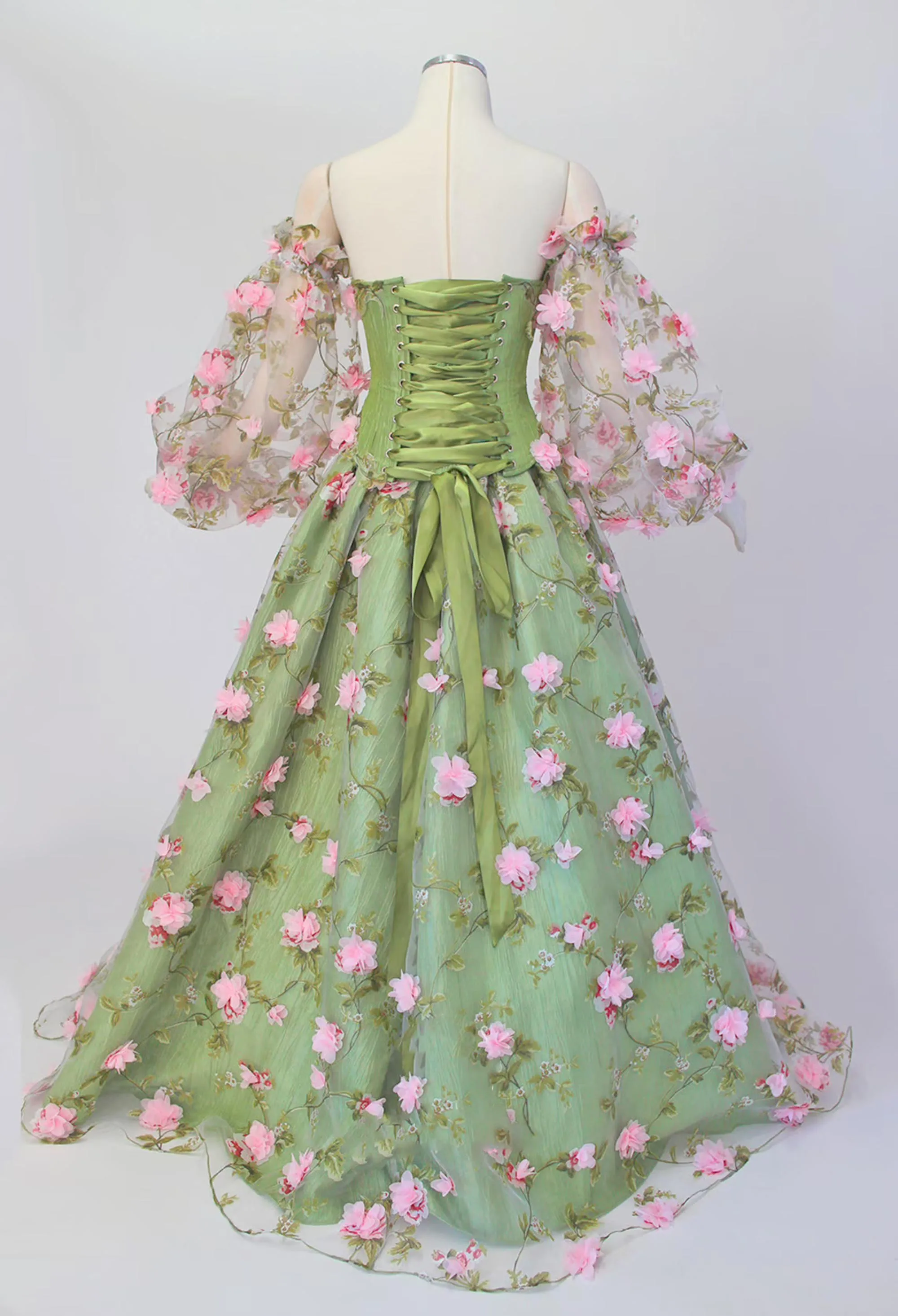 Vestido de fiesta de flores verdes en 3D, vestidos florales sin tirantes a la moda, vestido elegante hasta el suelo, vestido de fiesta de noche para mujer 2024