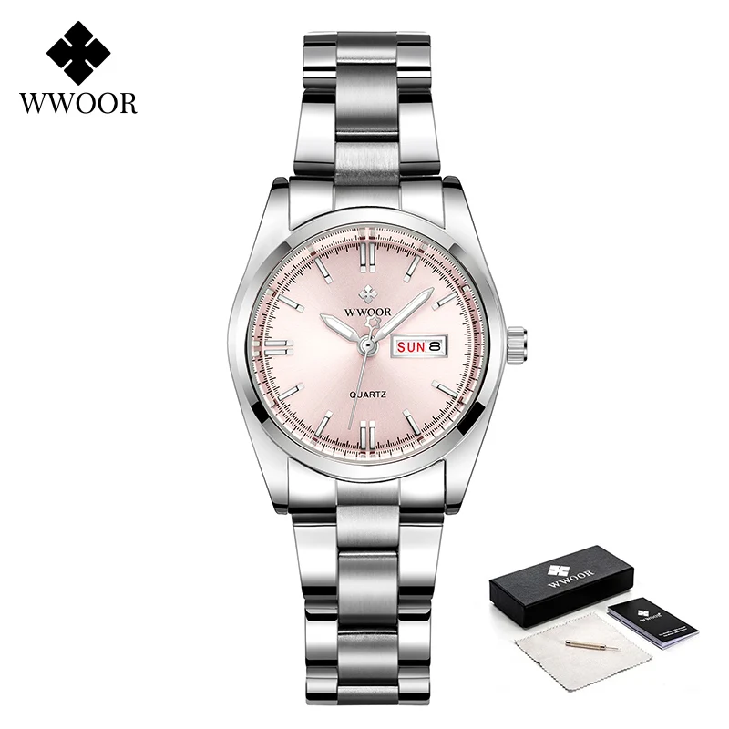 WWOOR Fashion Womens Watches Top Brand Luxury Pink Bracelet Waterproof Automatic Date Ladies Wristwatch Reloj Mujer Montre Femme