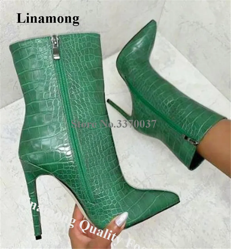 

Linamong Newest Pointed Toe Snake Leather Stiletto Heel Short Boots Grey Black Pink Zipper-up High Heel Ankle Booties Big Size