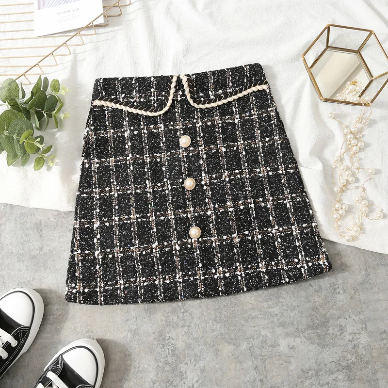 Winter Tweed Skirts Women 2021 Houndstooth Mini Skirt Button Mini Pencil Skirts Plaid Wool Skirts Lady Elegant Sexy A-line Skirt