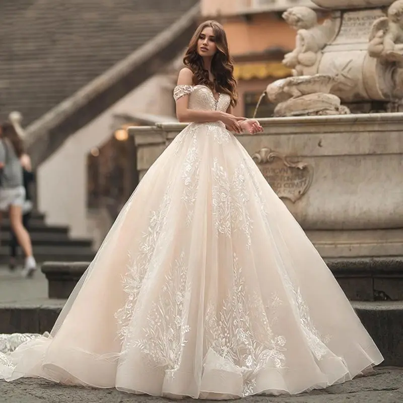 Vestido de novia Vintage de encaje con corte en A, vestido de novia de princesa sin hombros, personalizado, Sexy, espalda descubierta