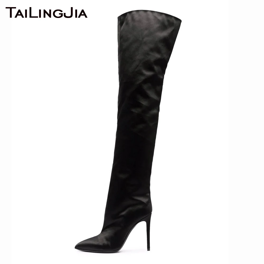 

Black Satin Over Knee Boots Stylish High Heel Pointed Toe Thigh High Boot Ladies Plus Size Winter Shoes Party Club Footwear